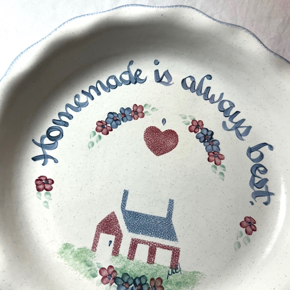 Vintage Pottery Pie Dish Noel Hand Painted Scalloped Stoneware Country Farmhouse